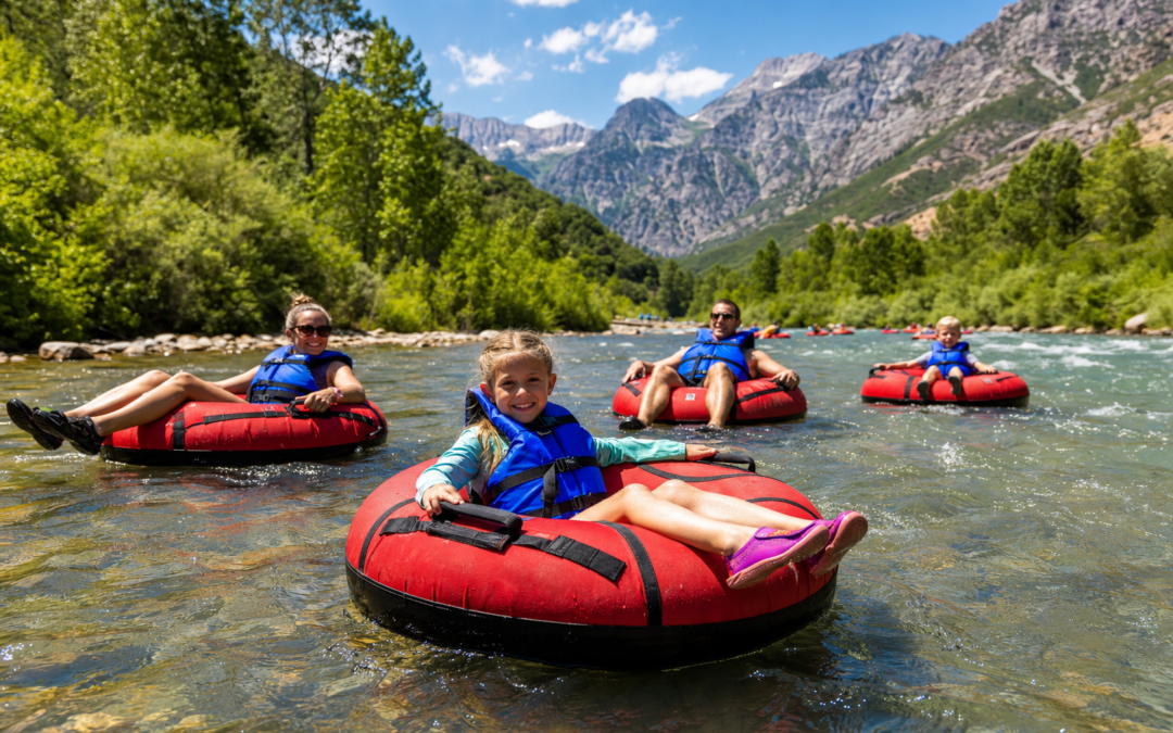 People tubing the Provo River in life jackets near Provo Canyon, Utah