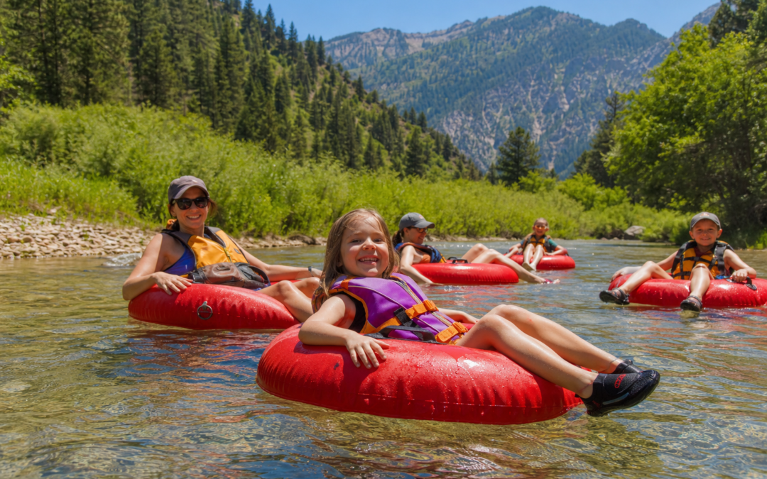 People tubing on red river tubes in life jackets in Provo Canyon Utah