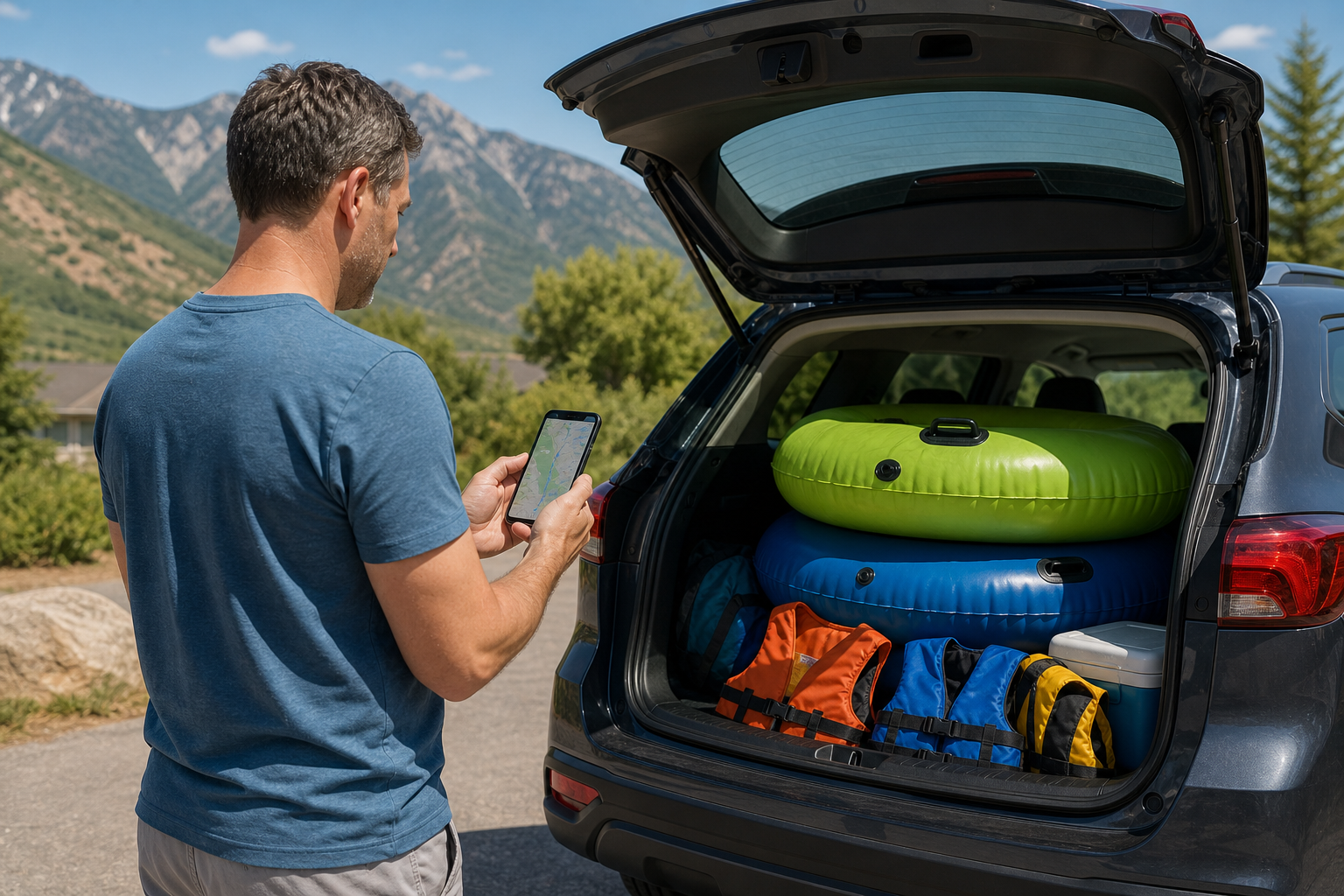 A parent checking route information by a packed car with river tubes and life jackets before a Provo Canyon float day