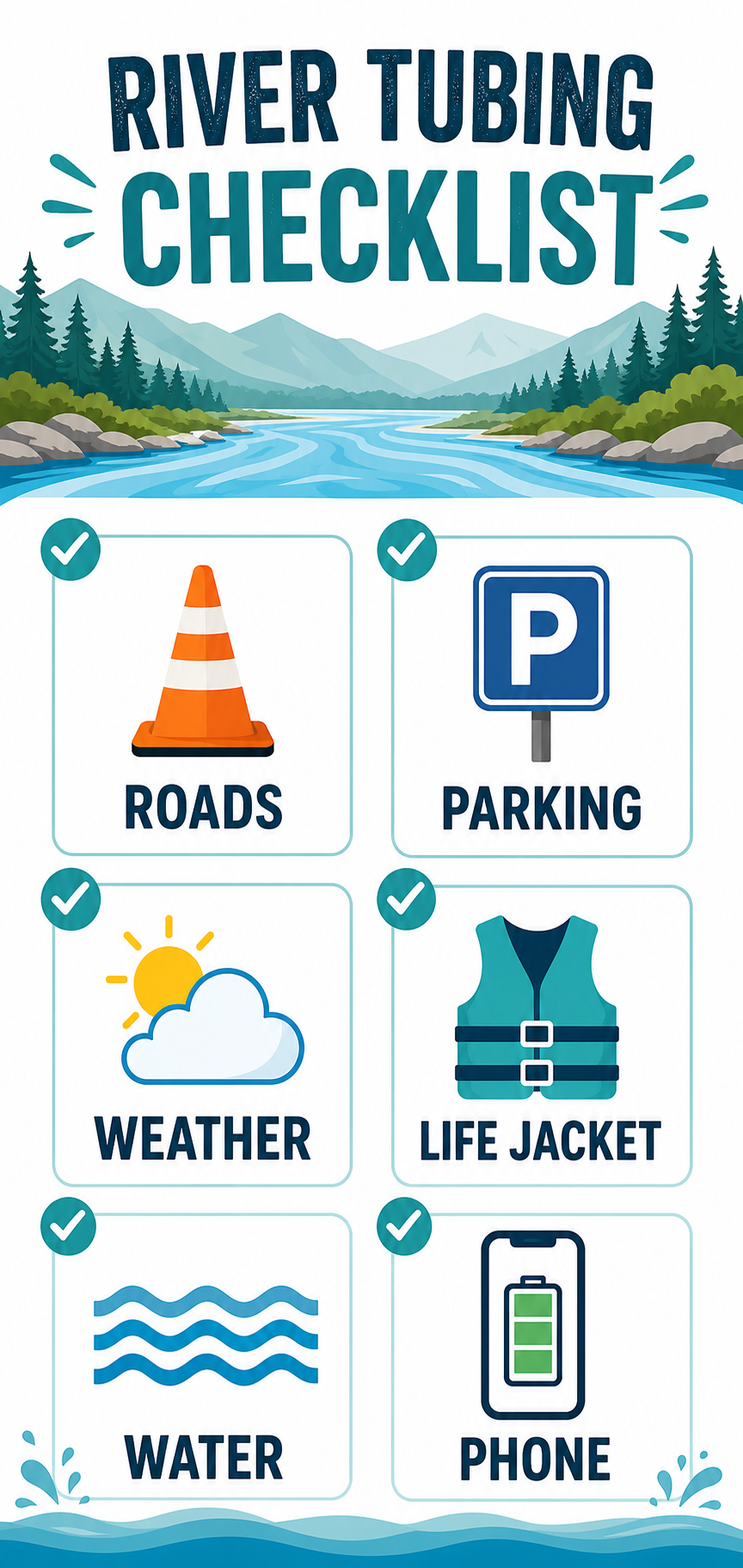 River tubing checklist graphic with icons for roads, parking, weather, life jacket, water, and phone