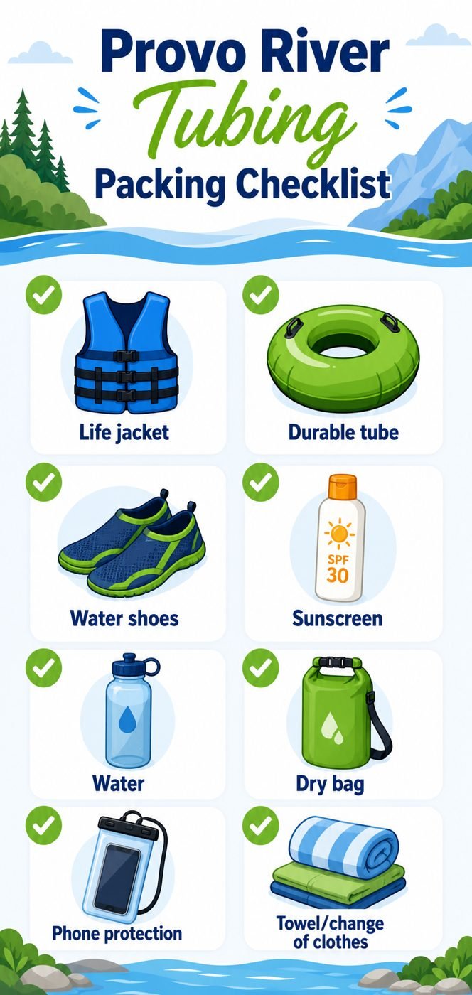 Illustrated Provo River tubing packing checklist with life jacket, durable tube, water shoes, sunscreen, water, dry bag, phone protection, and towel.