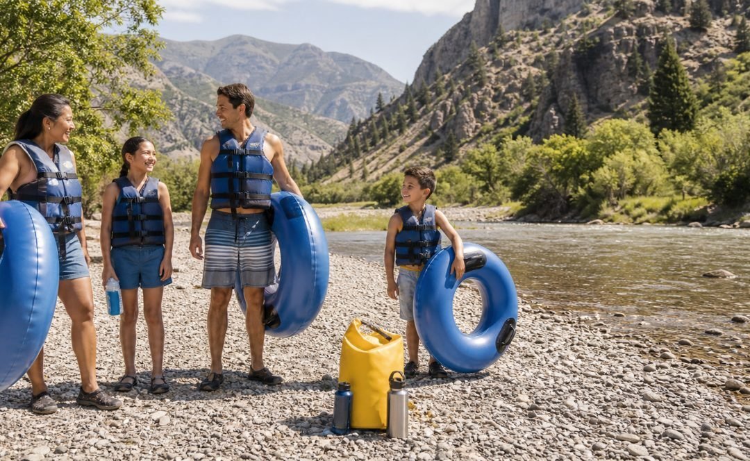 Family wearing life jackets and holding river tubes beside a canyon river before tubing the Provo River.
