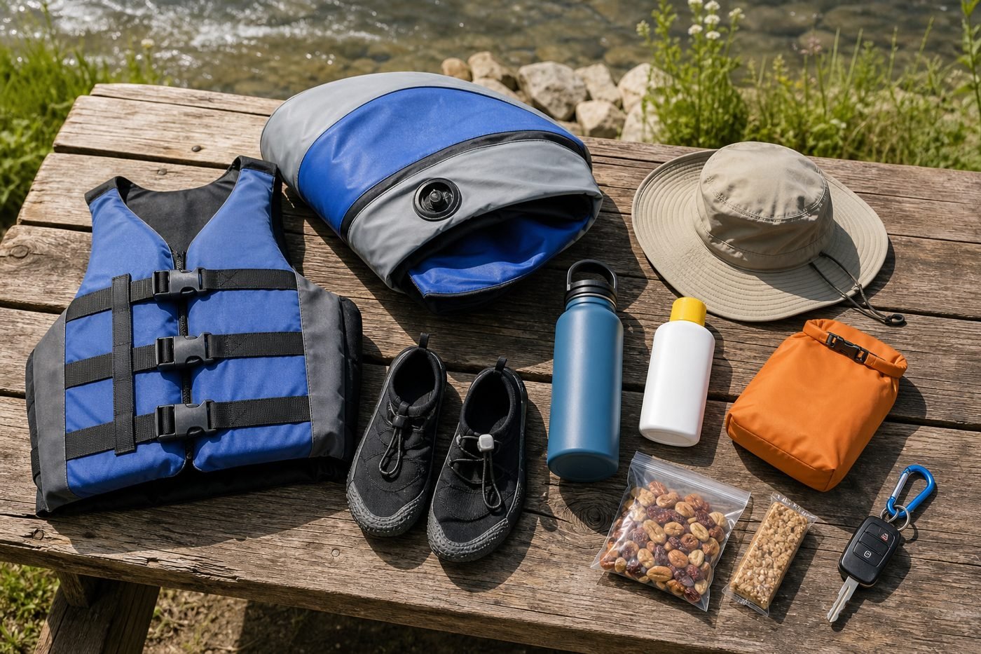 Flat lay of river tubing essentials including a life jacket, water shoes, sunscreen, water bottle, dry bag, snacks, and towel.