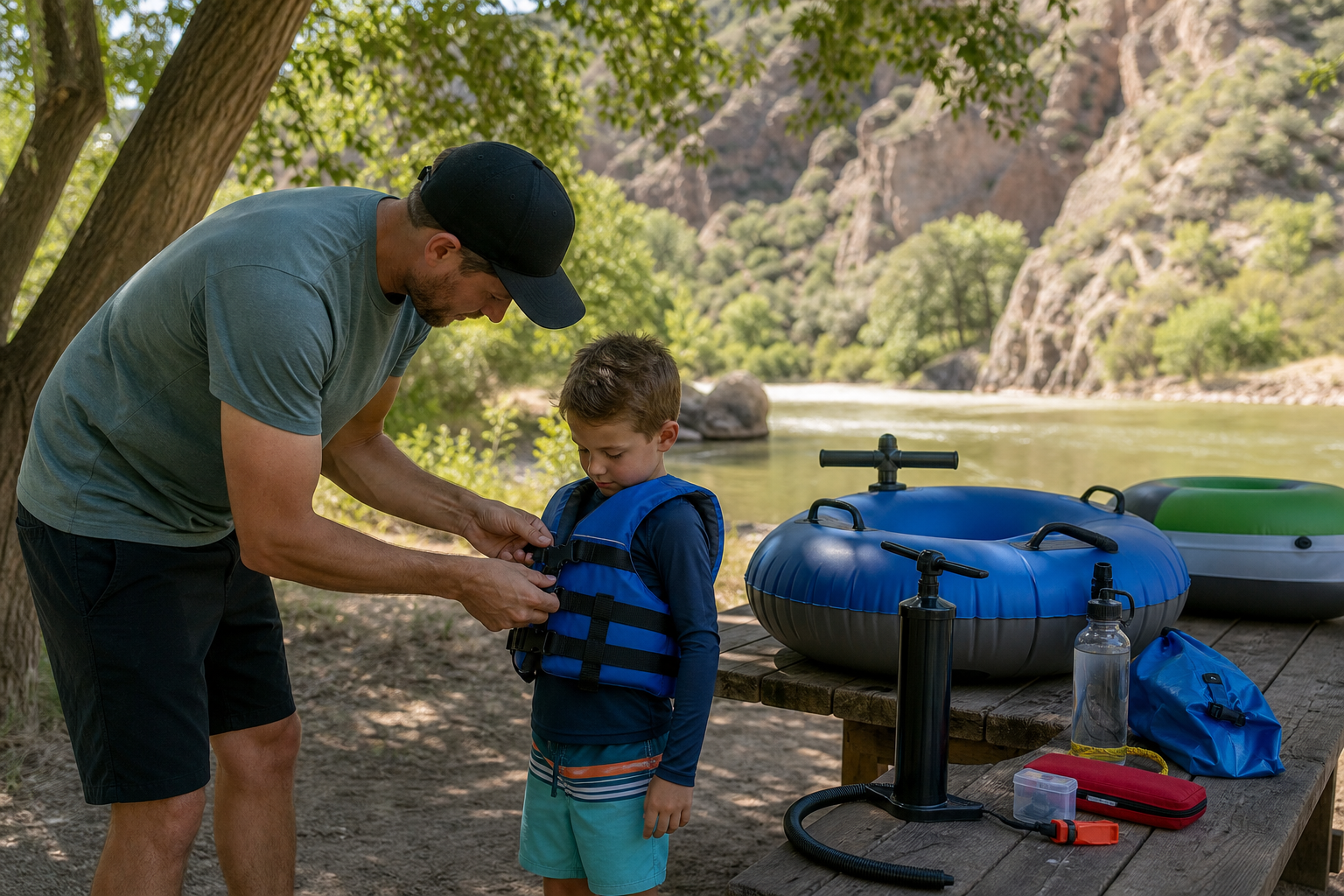 Parent checking a child’s life jacket beside river tubes and a pump before a Provo River float day