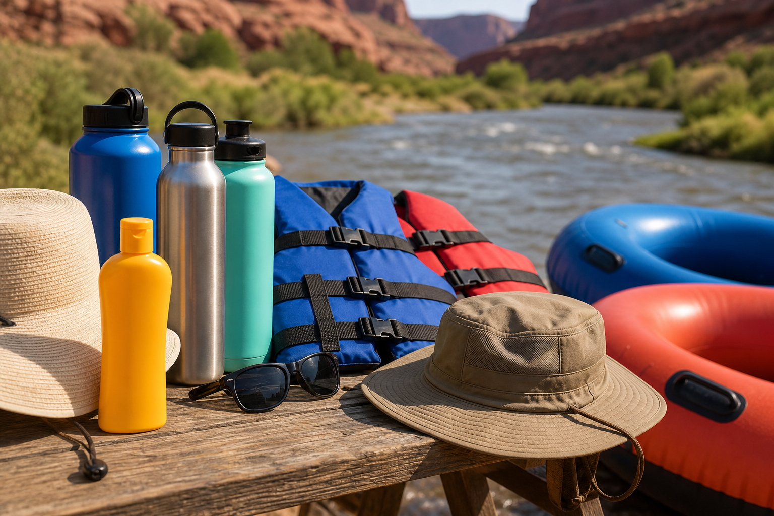 Water bottles, sunscreen, hats, life jackets, and river tubes arranged for a hot Utah float day