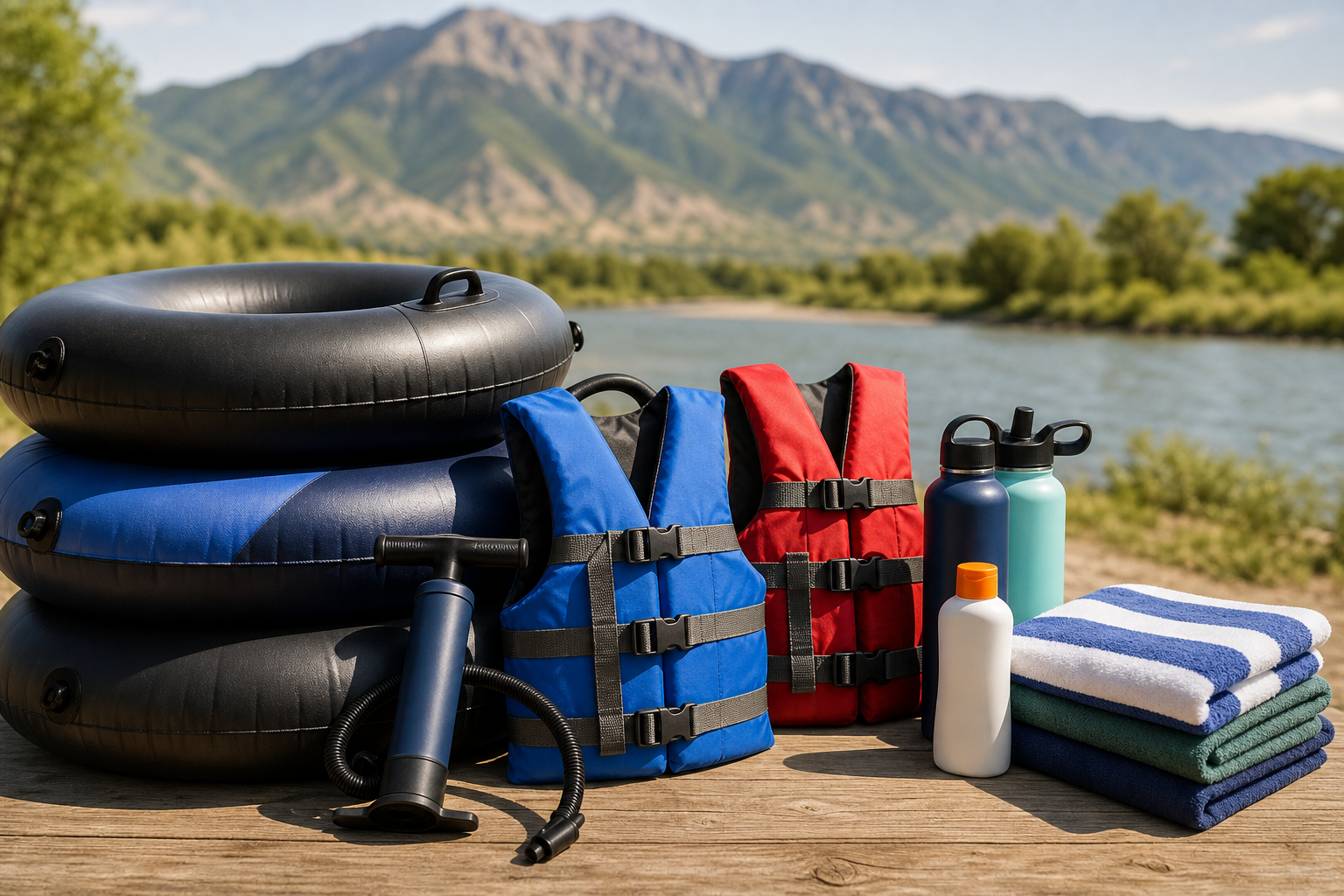 Durable river tubes, life jackets, pump, sunscreen, water bottles, and towels packed for a Utah County water day