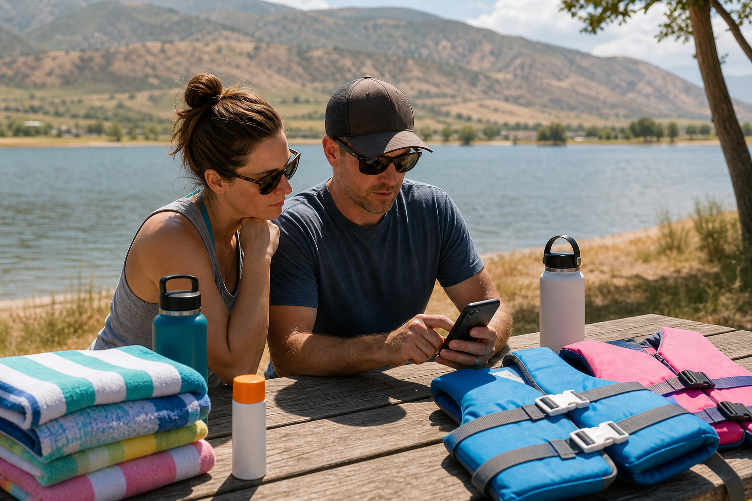 Parents checking Utah Lake water quality updates on a phone beside life jackets, towels, sunscreen, and water bottles