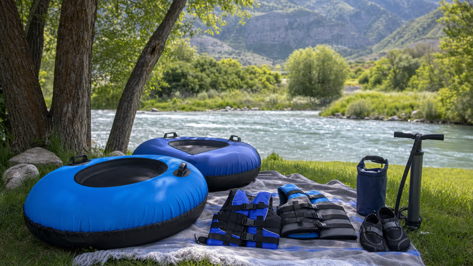 Solid-bottom river tubes, life jackets, water shoes, pump, and dry bag prepared beside the Provo River