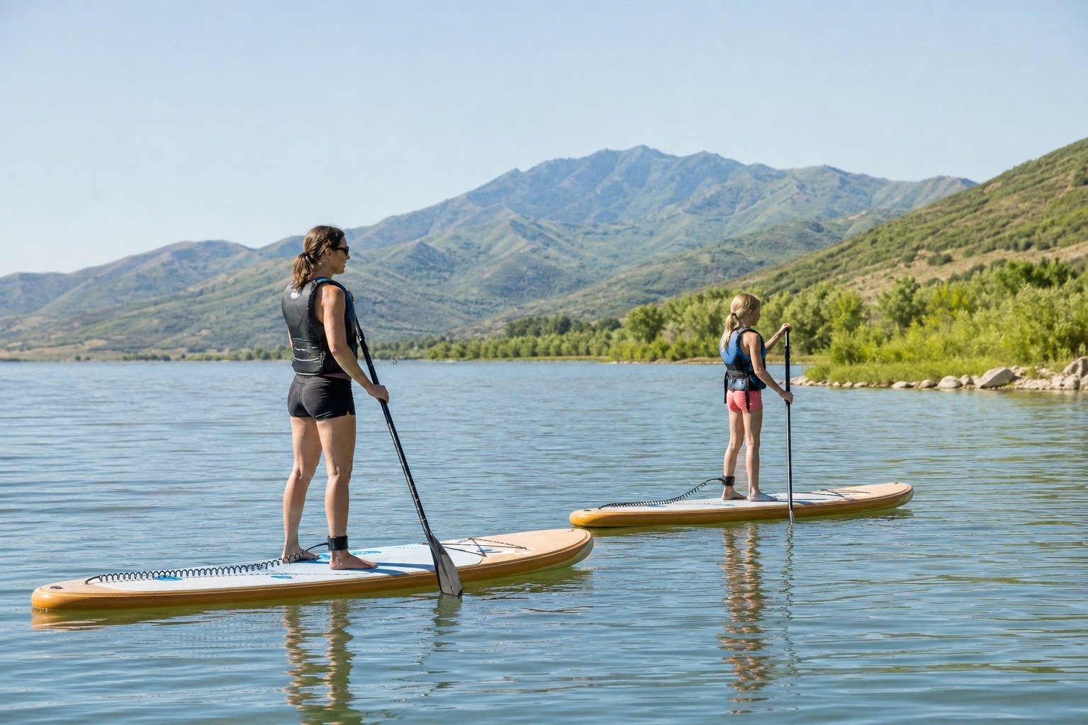 Parent and child wearing life jackets while paddleboarding on a sheltered Northern Utah reservoir.