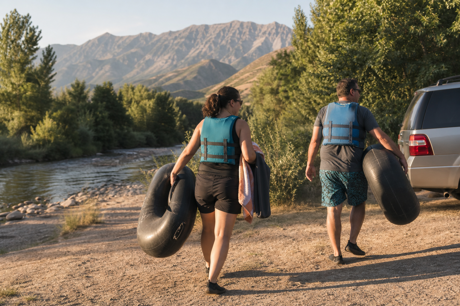 Two Provo River floaters in life jackets carry tubes and a towel toward their vehicle before evening temperatures cool.