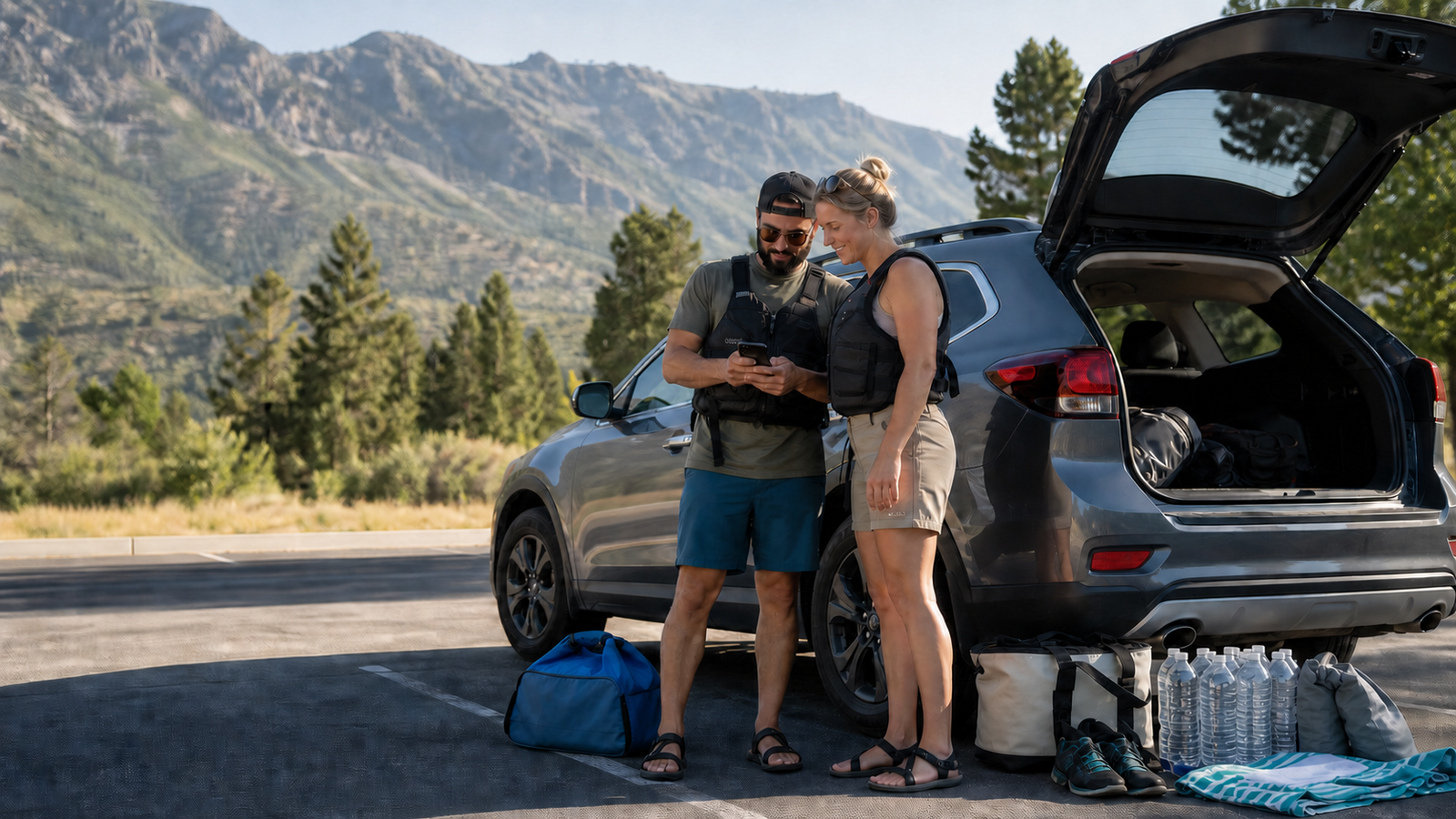 Two adults in fitted life jackets check current conditions beside their packed vehicle before a Utah County water day.