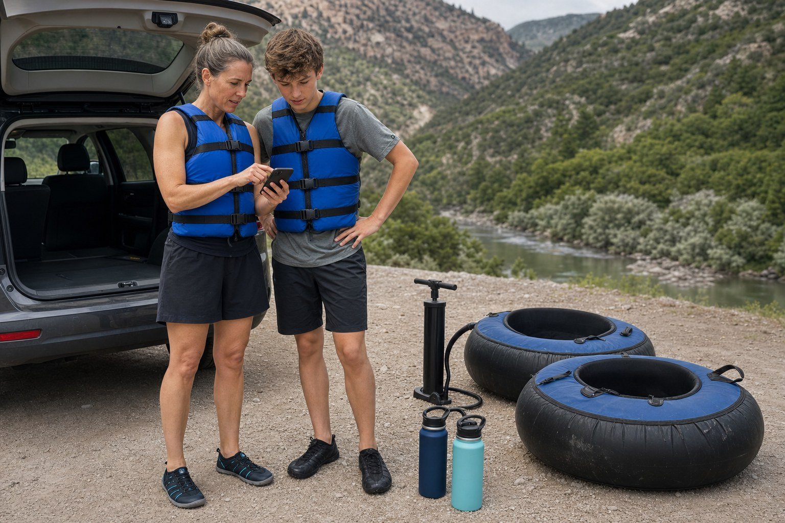 Parent and teenager wearing fitted life jackets check current conditions before a Provo River float.