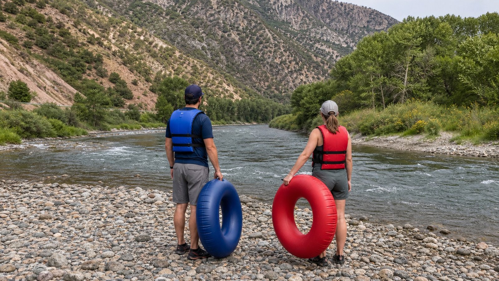 Two Utah river floaters wearing life jackets study a wide river channel from a dry gravel bank before launching.